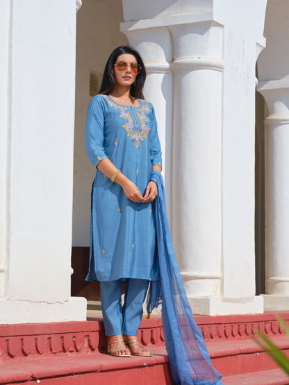 Embroidered Round Neck Straight Kurta & Trousers With Dupatta