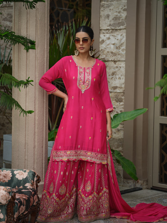 Embroidered Sequinned Work Straight Kurta & Sharara With Dupatta