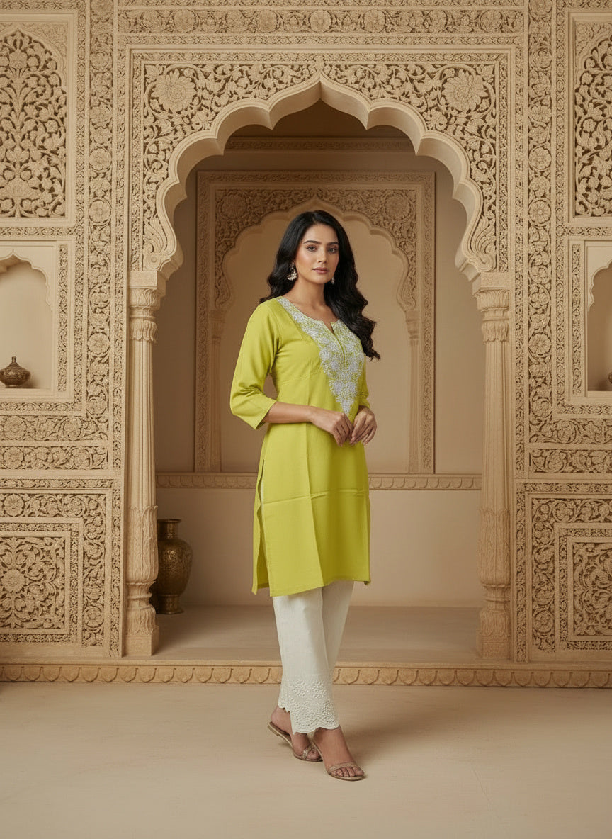 Floral Embroidered Notch Neck Straight Kurtis