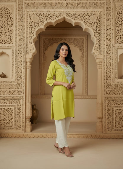 Floral Embroidered Notch Neck Straight Kurtis