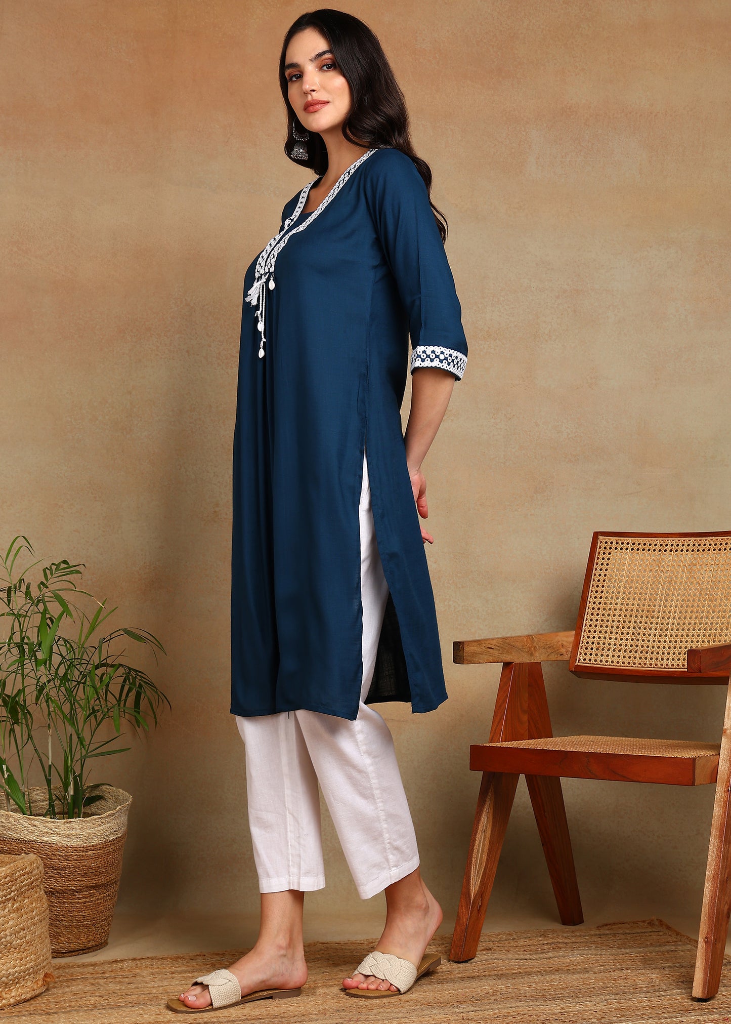 Navy-Blue Rayon Slub Kurti with White Embroidered Lace Detailing