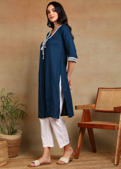 Navy-Blue Rayon Slub Kurti with White Embroidered Lace Detailing