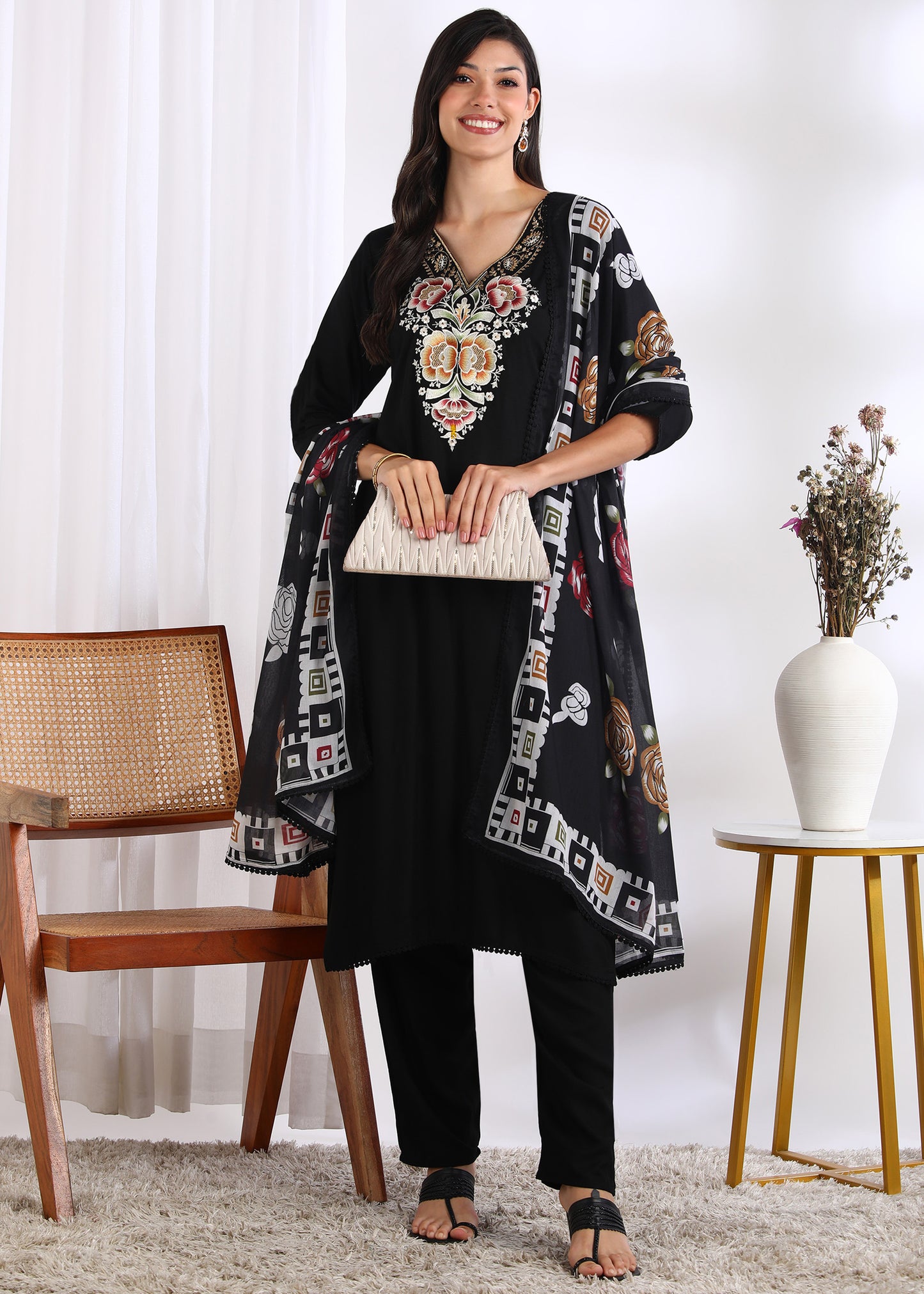 Women Black Rayon Embroidered Kurta Set with Printed Cotton Dupatta