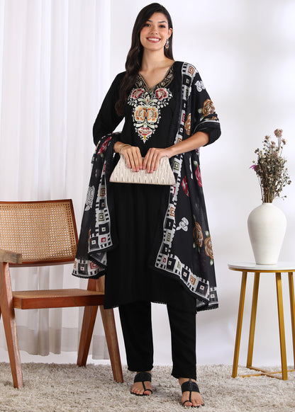 Women Black Rayon Embroidered Kurta Set with Printed Cotton Dupatta