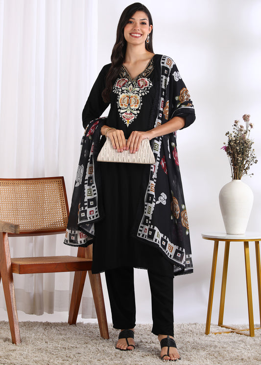 Women Black Rayon Embroidered Kurta Set with Printed Cotton Dupatta