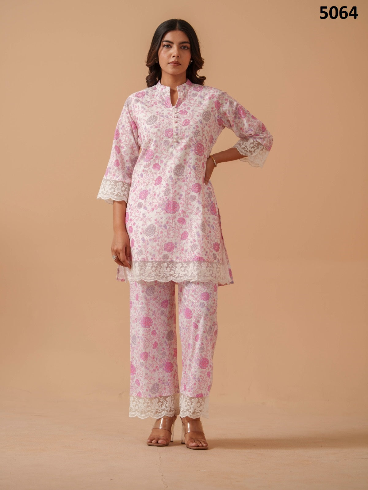 Floral Printed Mandarin Collar Pure Cotton Tunic With Trouser