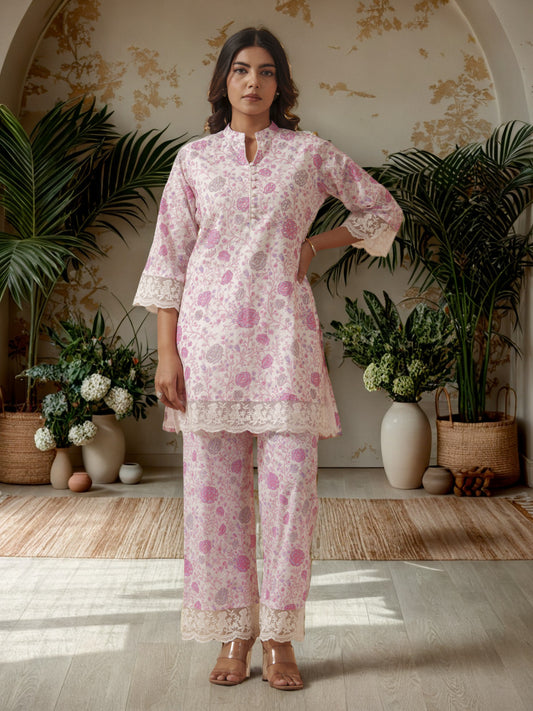 Floral Printed Mandarin Collar Pure Cotton Tunic With Trouser