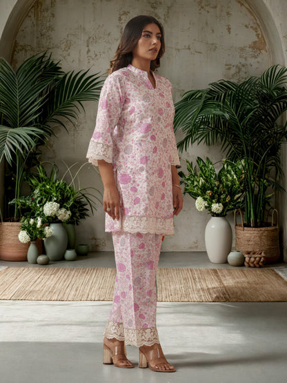 Floral Printed Mandarin Collar Pure Cotton Tunic With Trouser