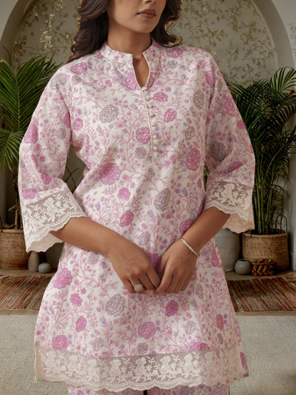 Floral Printed Mandarin Collar Pure Cotton Tunic With Trouser
