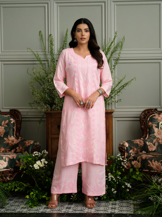 Baby Pink Hand Chikankari Embroidered Straight Kurta with Pants