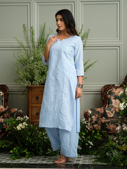 Blue Hand Chikankari Embroidery Portrait Neck Rayon Kurta With Trouser