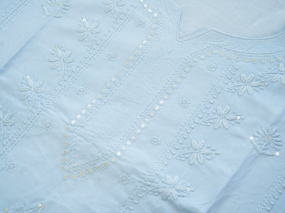 Blue Hand Chikankari Embroidery Portrait Neck Rayon Kurta With Trouser