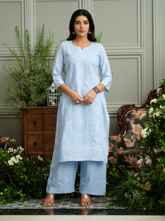 Blue Hand Chikankari Embroidery Portrait Neck Rayon Kurta With Trouser