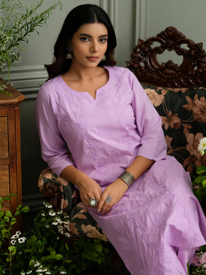 Levender Hand Chikankari Embroidery Portrait Neck Rayon Kurta With Trouser