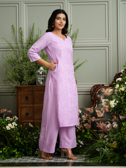 Levender Hand Chikankari Embroidery Portrait Neck Rayon Kurta With Trouser