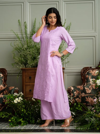 Levender Hand Chikankari Embroidery Portrait Neck Rayon Kurta With Trouser