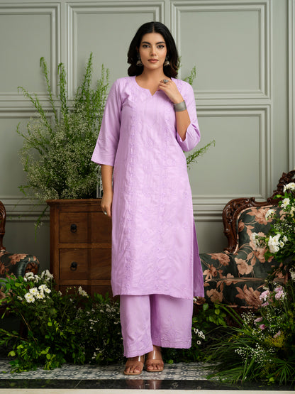 Levender Hand Chikankari Embroidery Portrait Neck Rayon Kurta With Trouser