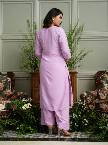 Levender Hand Chikankari Embroidery Portrait Neck Rayon Kurta With Trouser