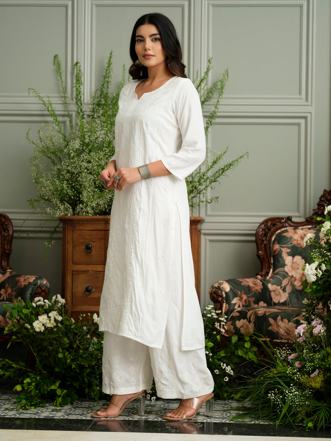White Hand Chikankari Embroidery Portrait Neck Rayon Kurta With Trouser
