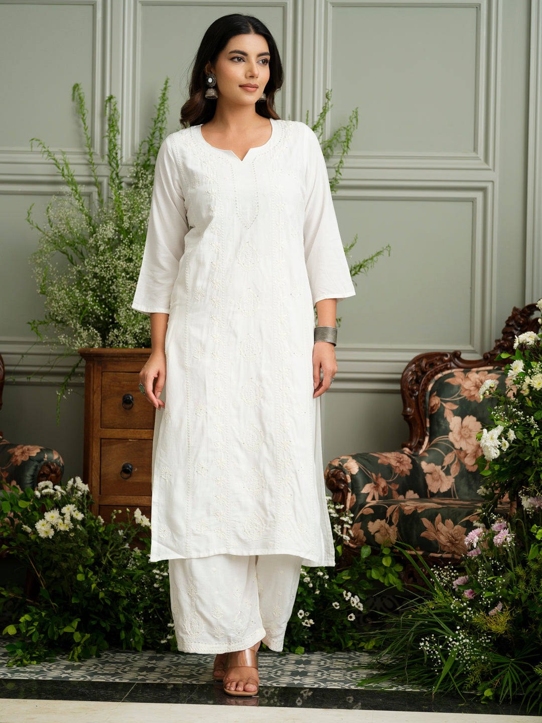 White Hand Chikankari Embroidery Portrait Neck Rayon Kurta With Trouser