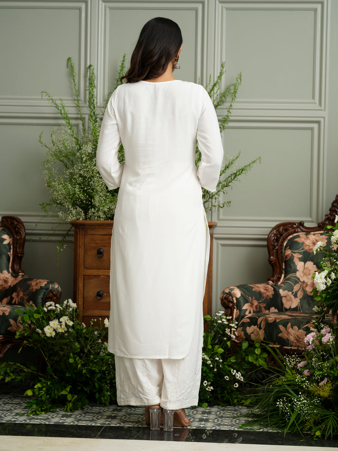 White Hand Chikankari Embroidery Portrait Neck Rayon Kurta With Trouser
