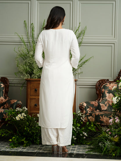 White Hand Chikankari Embroidery Portrait Neck Rayon Kurta With Trouser