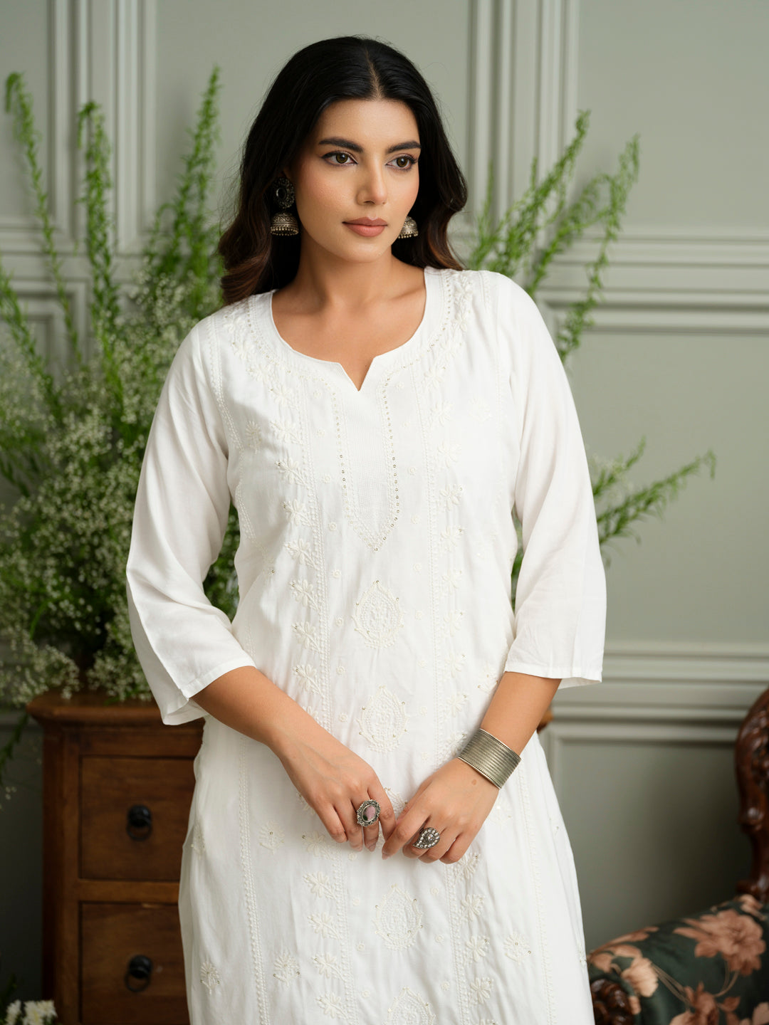 White Hand Chikankari Embroidery Portrait Neck Rayon Kurta With Trouser