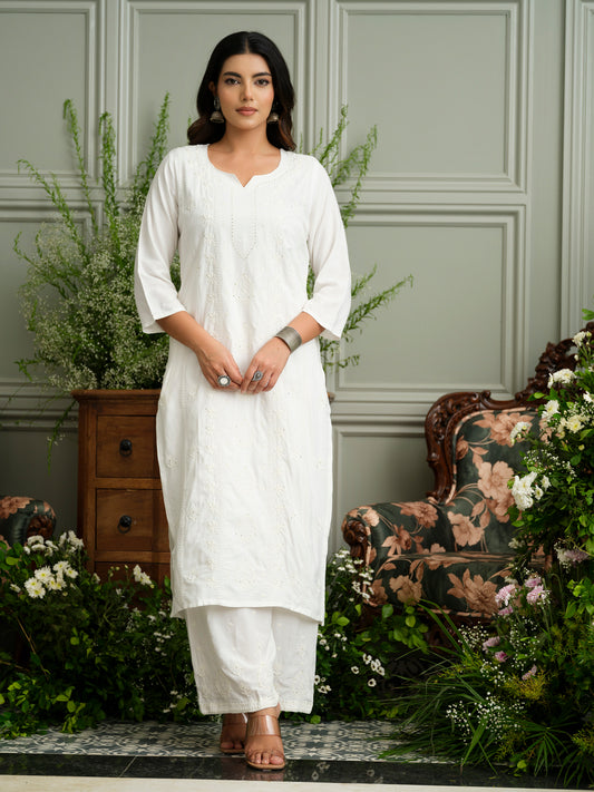 White Hand Chikankari Embroidery Portrait Neck Rayon Kurta With Trouser
