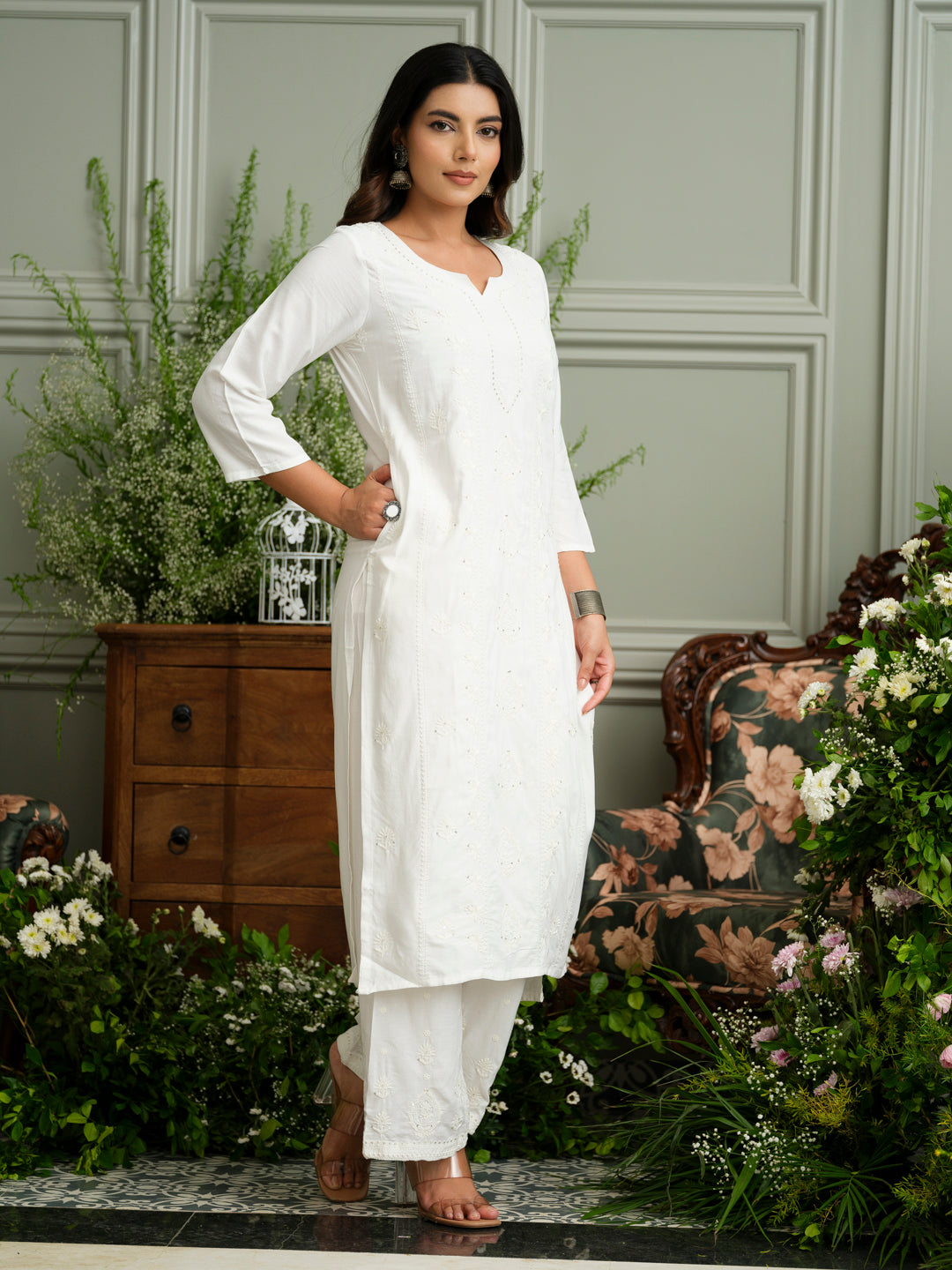 White Hand Chikankari Embroidery Portrait Neck Rayon Kurta With Trouser