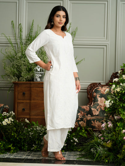 White Hand Chikankari Embroidery Portrait Neck Rayon Kurta With Trouser