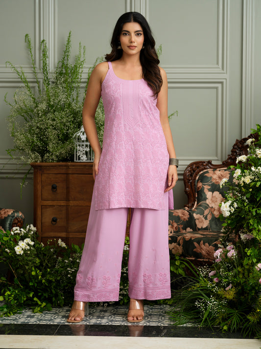Lavender Hand Chikankari Embroidered Co-Ord Set with Sleeveless Kurta and Palazzo Pants