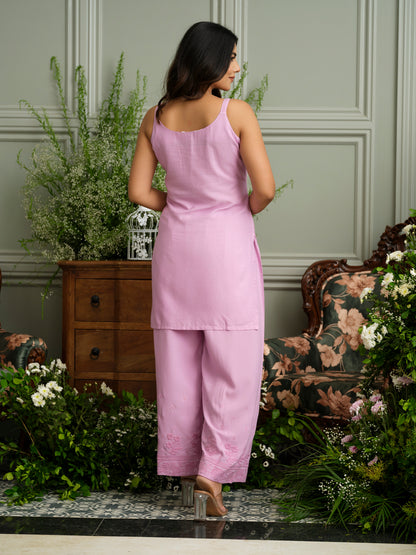Lavender Hand Chikankari Embroidered Co-Ord Set with Sleeveless Kurta and Palazzo Pants