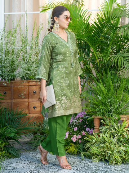 Mirror Embellished Green Jacquard Co-Ord Set