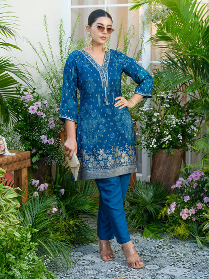 Teal Blue Handwork Jacquard Luxe Co-Ord Set