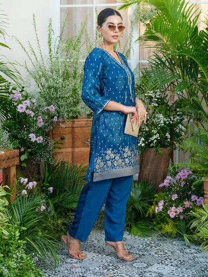 Teal Blue Handwork Jacquard Luxe Co-Ord Set