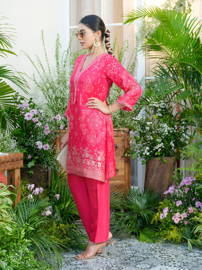 Mirror Embellished Jacquard Co-Ord Set in Pink