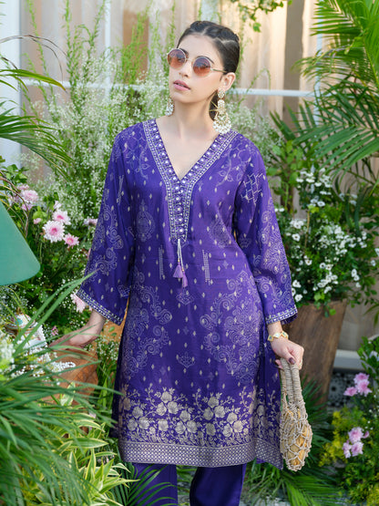 Embroidered Violet Jacquard Co-Ord Set