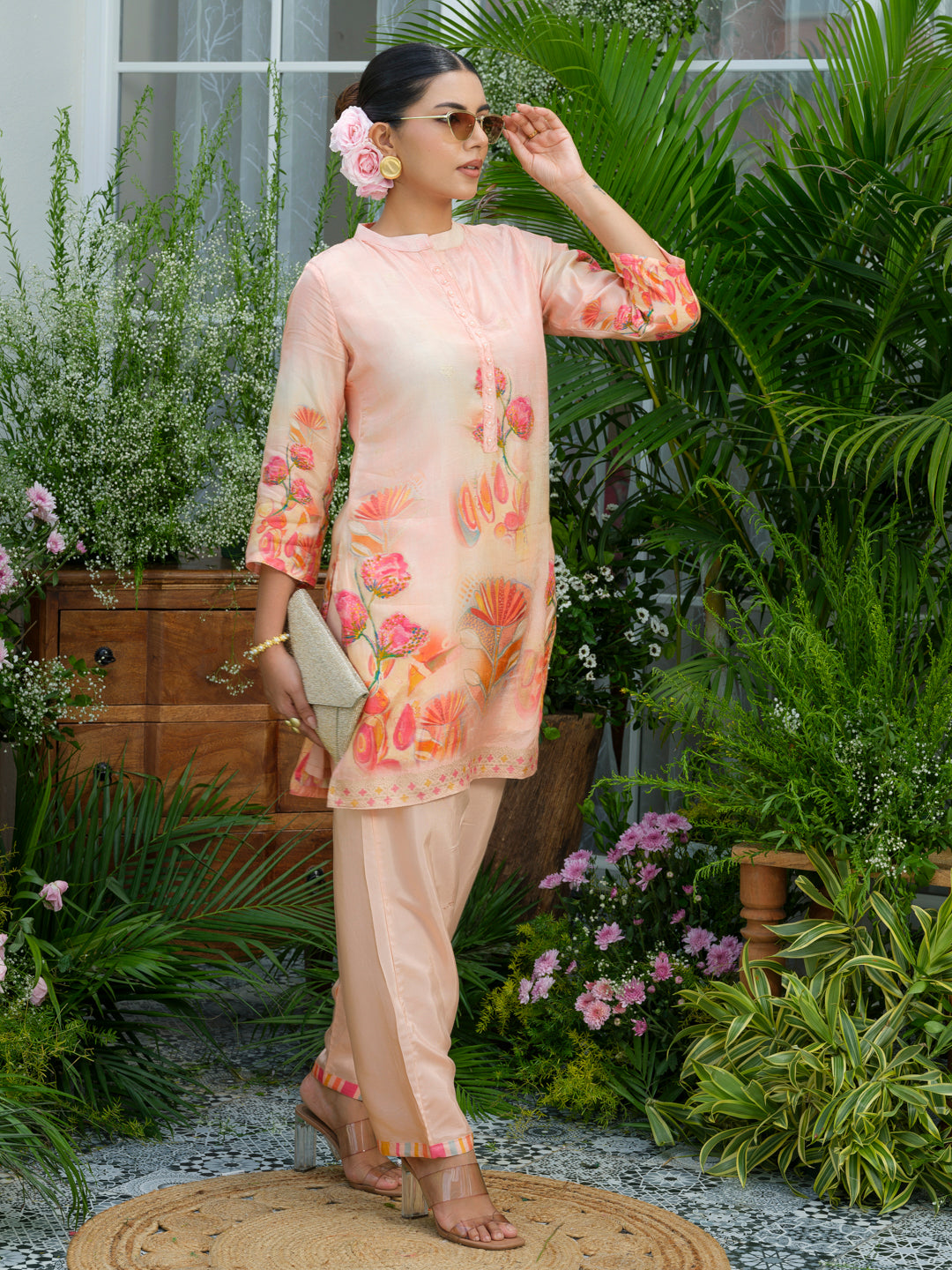 Peach Floral Printed Co-ord Set with Straight Pants – Ethnic Fusion Wear for Women
