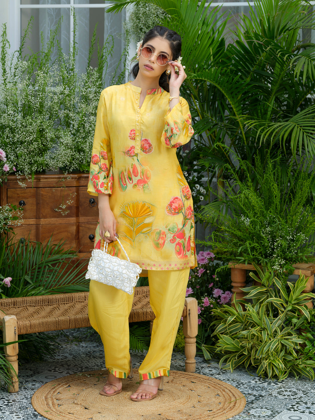 Women's Yellow Ethnic Co-ord Set – Floral Kurta with Pants