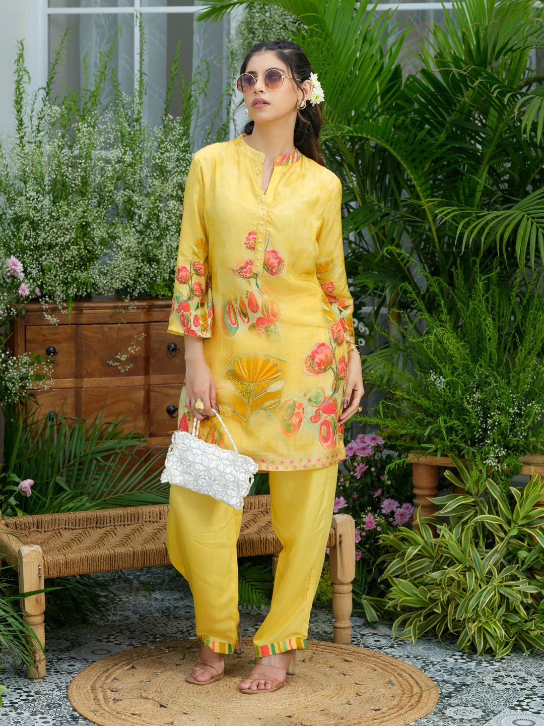 Women's Yellow Ethnic Co-ord Set – Floral Kurta with Pants