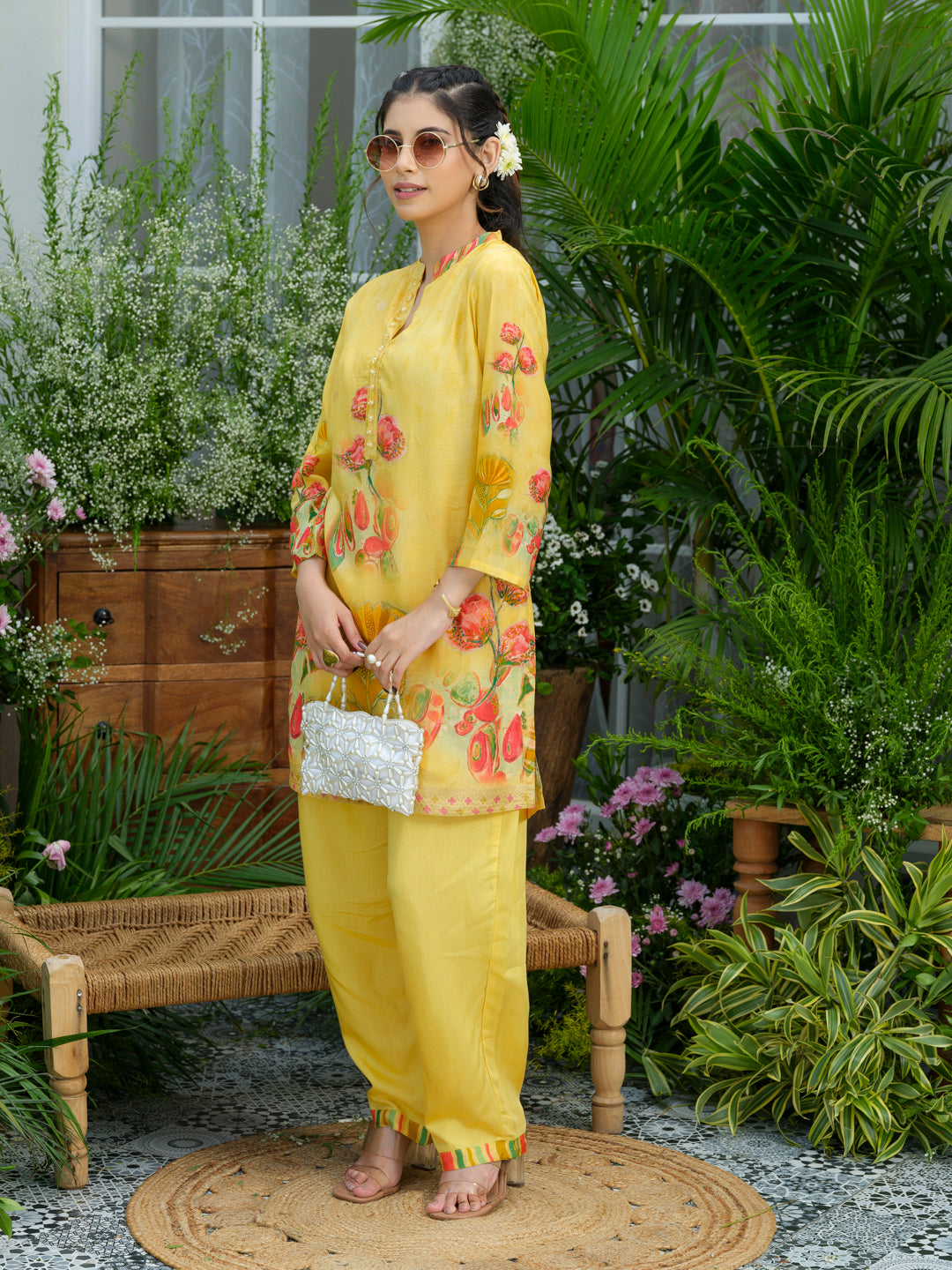 Women's Yellow Ethnic Co-ord Set – Floral Kurta with Pants