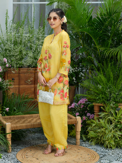 Women's Yellow Ethnic Co-ord Set – Floral Kurta with Pants
