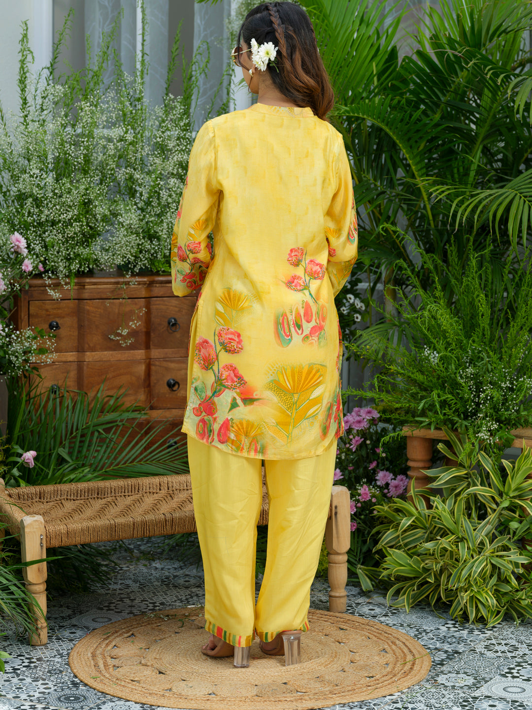 Women's Yellow Ethnic Co-ord Set – Floral Kurta with Pants
