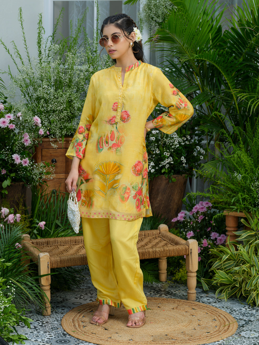 Women's Yellow Ethnic Co-ord Set – Floral Kurta with Pants
