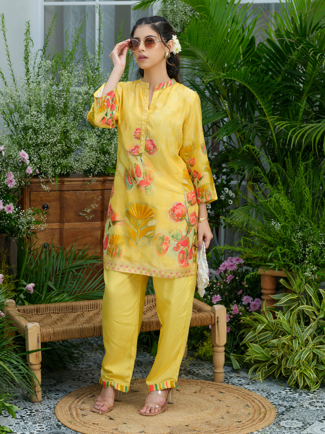Women's Yellow Ethnic Co-ord Set – Floral Kurta with Pants