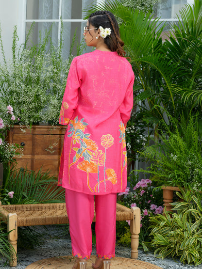 Pink Floral Printed Co-ord Set with Embellished Kurta & Straight Pants