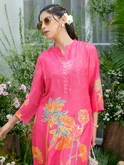 Pink Floral Printed Co-ord Set with Embellished Kurta & Straight Pants