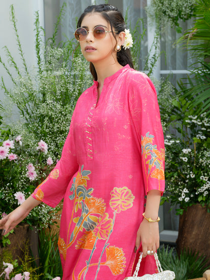 Pink Floral Printed Co-ord Set with Embellished Kurta & Straight Pants