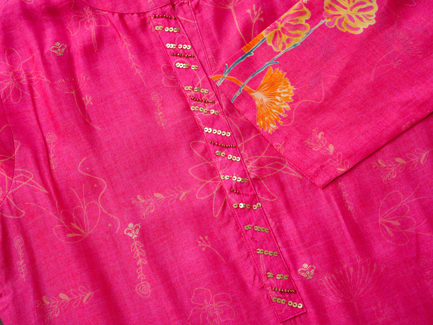 Pink Floral Printed Co-ord Set with Embellished Kurta & Straight Pants