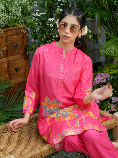 Pink Floral Printed Co-ord Set with Embellished Kurta & Straight Pants